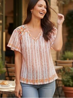 Savanna Jane Orange Blossoms Flutter Sleeve Blouse Size Medium